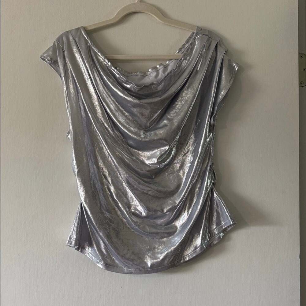 Metallic cowl neck top silver